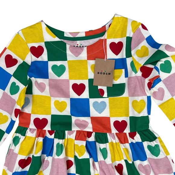 NWT Mini Boden Colorful Heart Print Cotton Dress Long Sleeve Size 9-10 - Picture 2 of 5